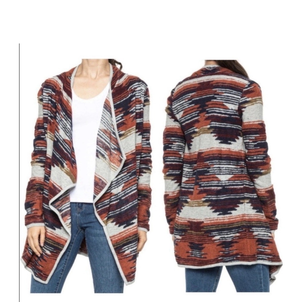 Lucky Brand Southwestern Aztec Drape Cardigan Open Front Boho Sweater Large